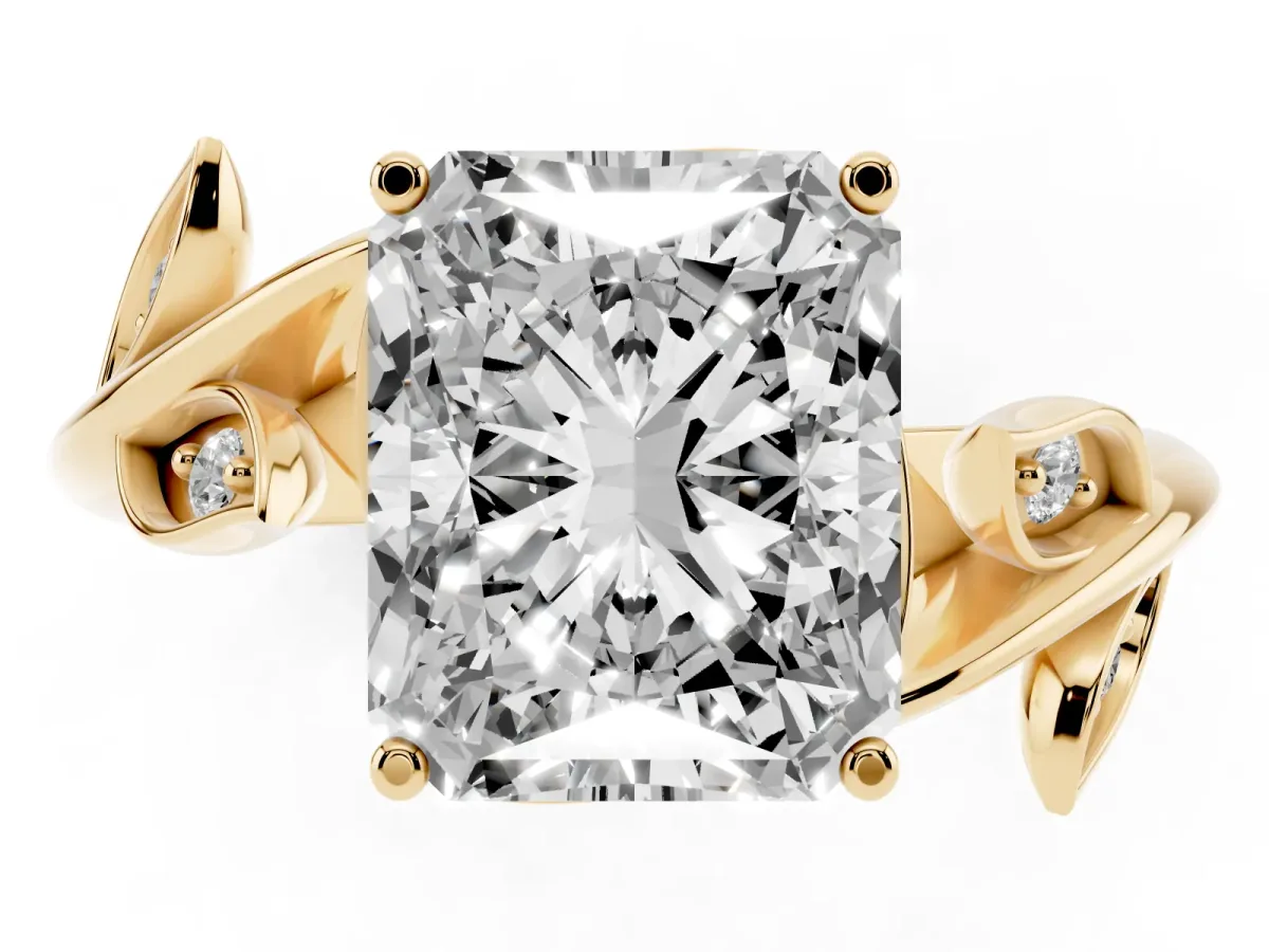 Radiant Cut Solitaire Twist Engagement Ring with Leaf Accents and Prong Setting Yellow gold