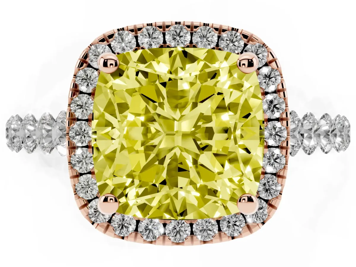Fancy Yellow Cushion Cut Halo Pavé Diamond Engagement Ring with Four-Prong Setting Rose gold