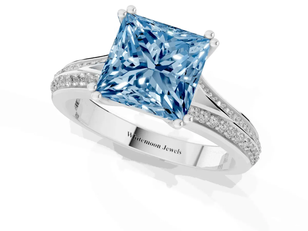 Fancy Blue Princess Cut Diamond Split Shank Engagement Ring with Pavé Band Silver