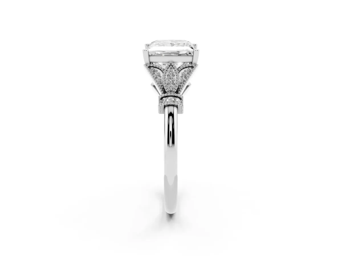 Princess Cut Diamond Solitaire Ring with Floral Filigree and Pave Accents White gold