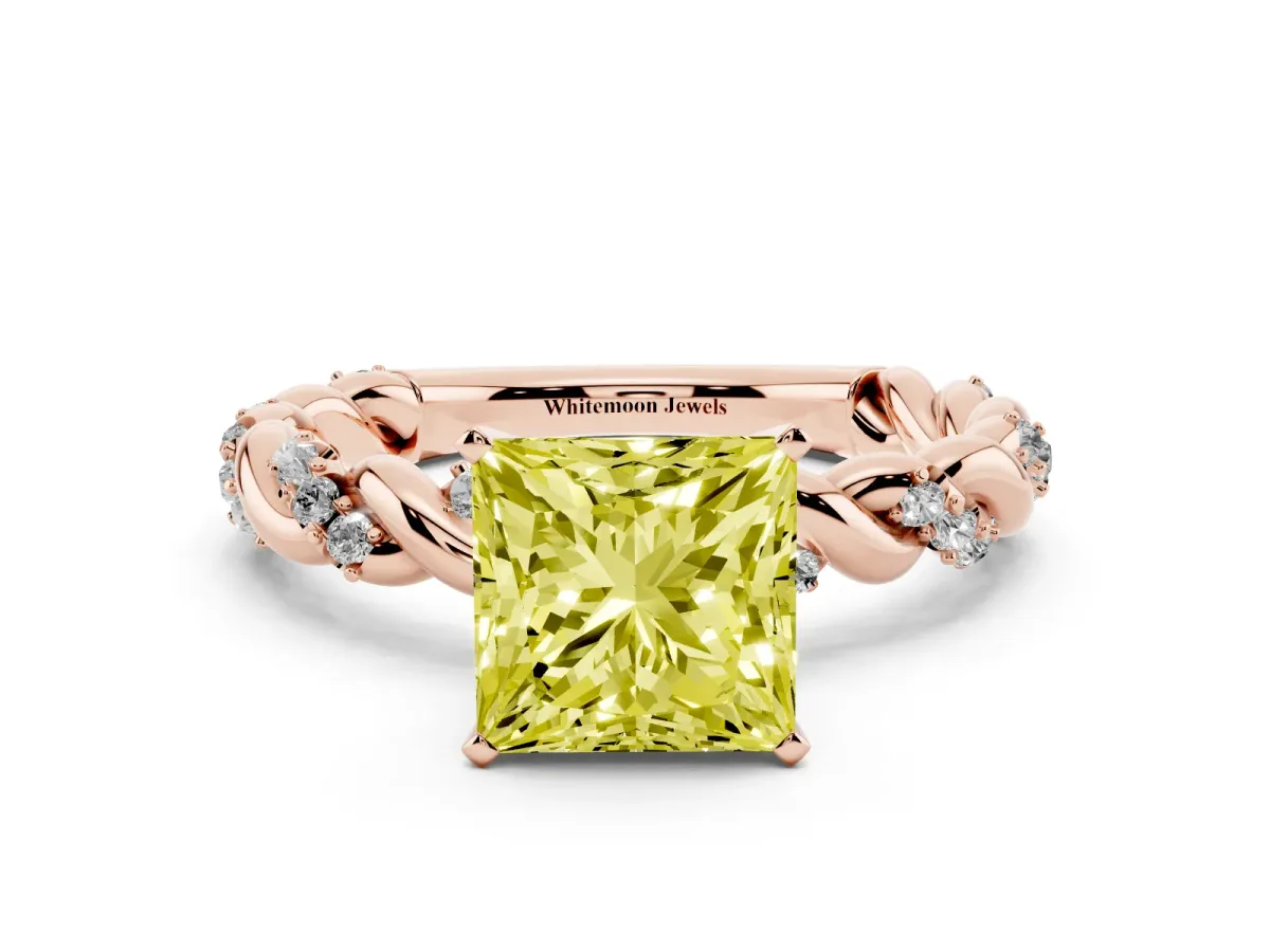 Fancy Yellow Princess Cut Diamond Solitaire Ring with Twisted Band and Pavé Accents Rose gold