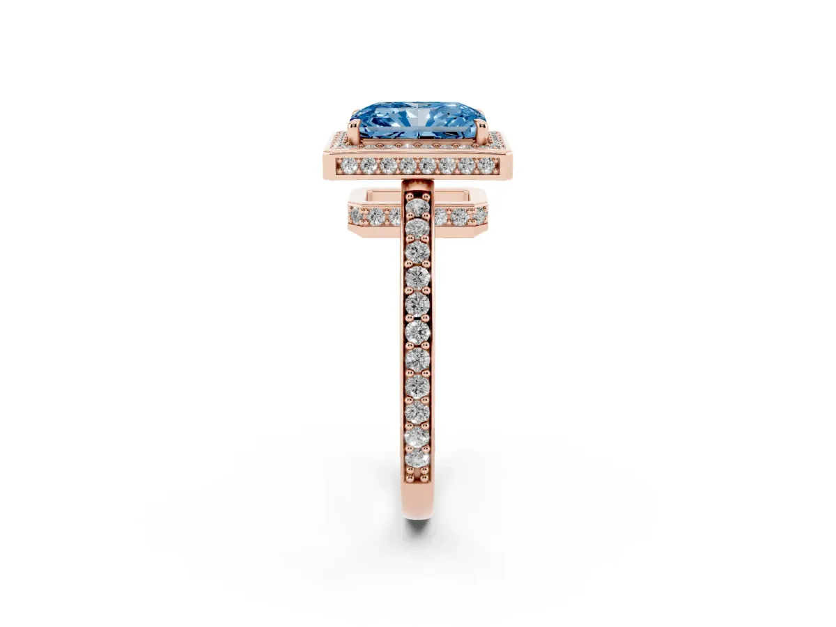 Fancy Blue Radiant Cut Halo Pave Band Solitaire Ring with Prong Setting Rose gold