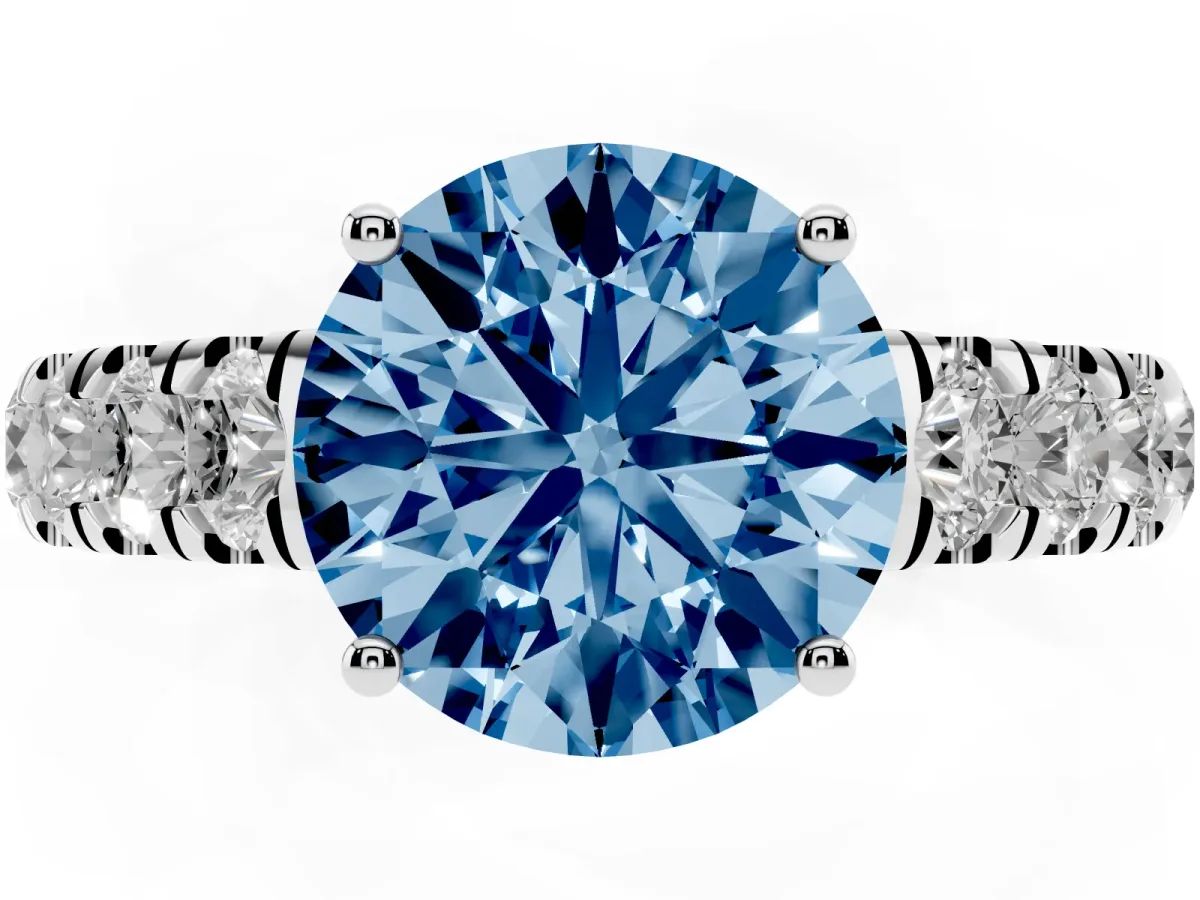 Fancy Blue Round Cut Cut Diamond Solitaire Ring with Micro Pave Band and Prong Setting Silver