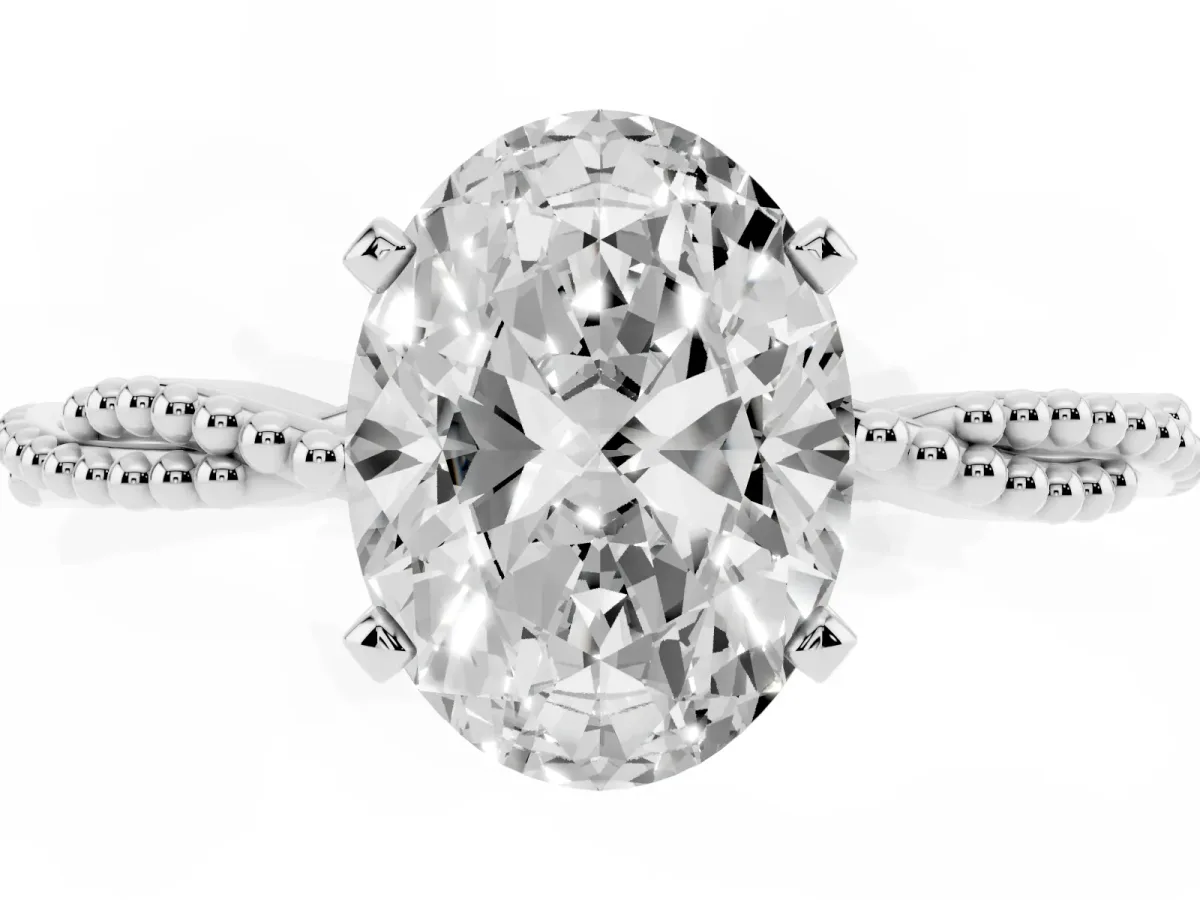 Oval Cut Solitaire Twisted Band with Bead Prong Setting Silver
