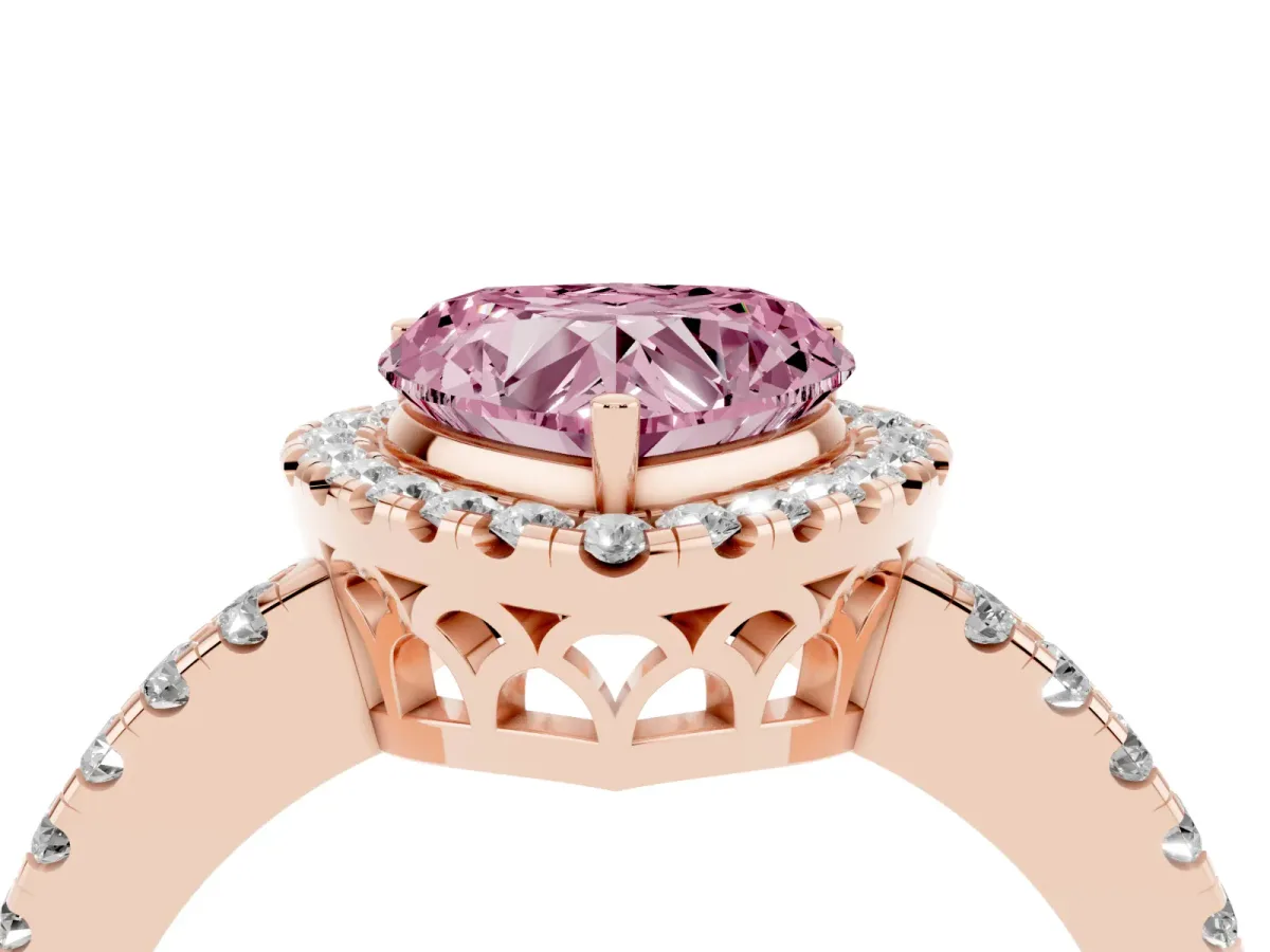 Fancy Pink Heart Cut Halo Diamond Engagement Ring with Pavé Band and Four-Prong Setting Rose gold
