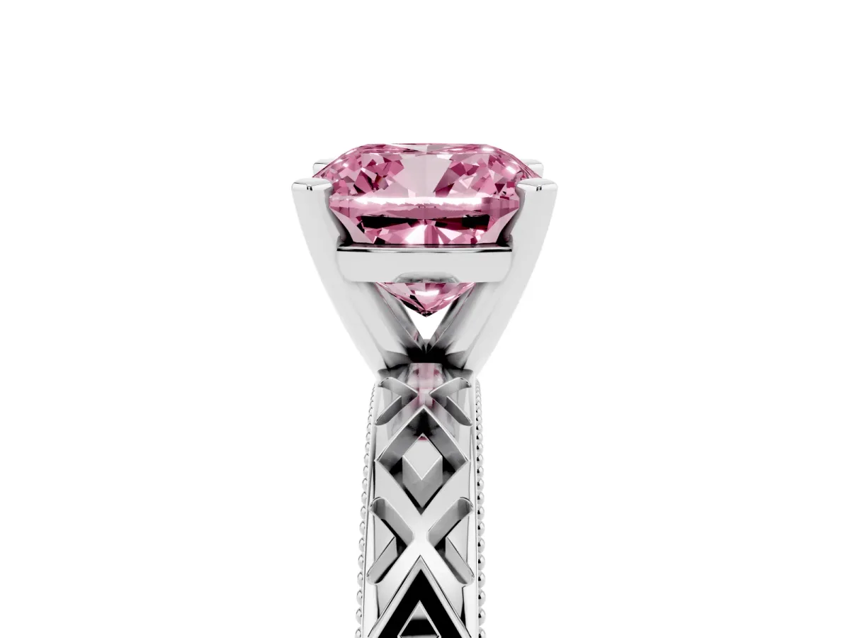Fancy Pink Cushion Cut Solitaire Diamond Ring with Milgrain and Black Enamel X Pattern Band Silver