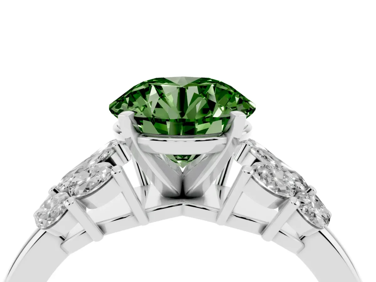 Fancy Green Round Cut Diamond Cluster Leaf Design Ring with Prong Setting Platinum