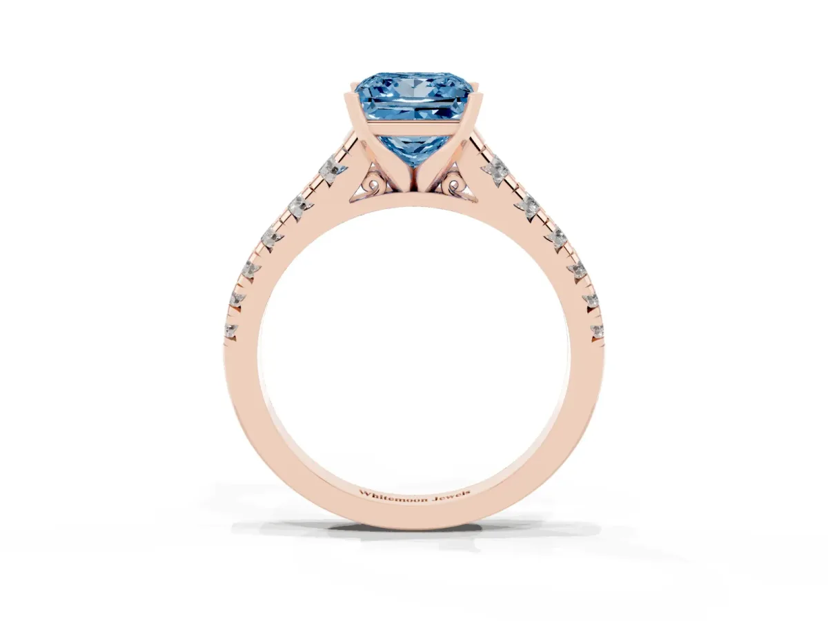 Fancy Blue Princess Cut Diamond Cathedral Solitaire Ring with Round Pavé Band Rose gold