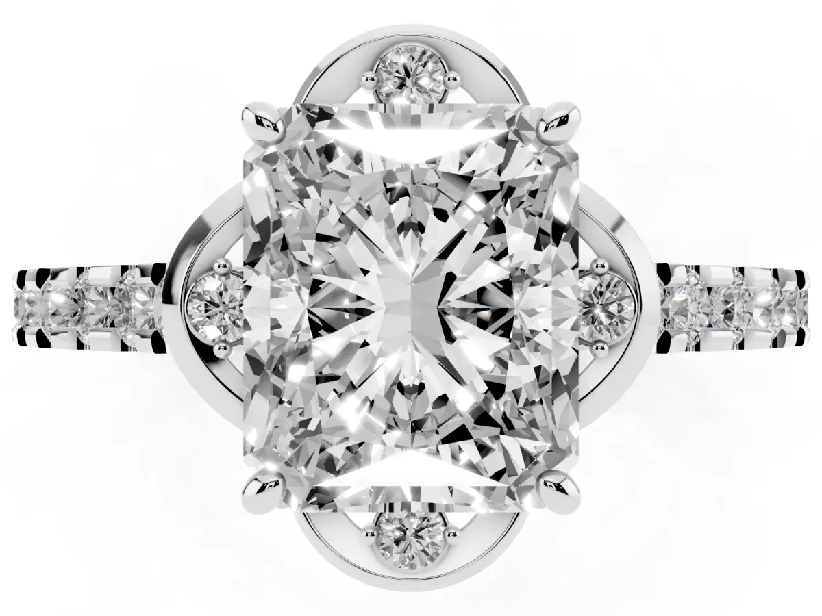 Radiant Cut Diamond Ring with Pavé Band and Floral Prong Setting Silver