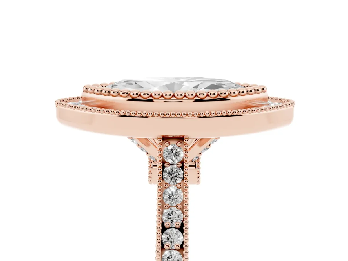 Marquise Cut Diamond Halo Ring with Milgrain Frame and Pavé Band Rose gold