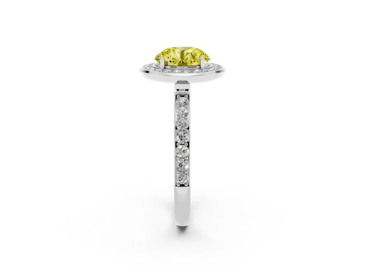 Fancy Yellow Round Cut Diamond Halo Ring with Bezel Frame and Pavé Band Silver