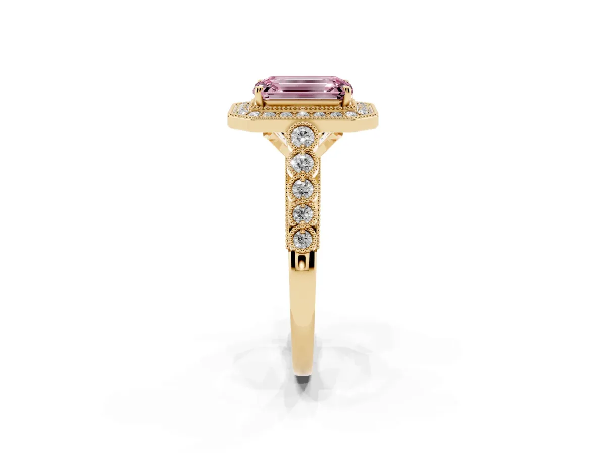 Fancy Pink Emerald Cut Halo Milgrain Solitaire with Bezel Set Side Stones and Pave Band Yellow gold