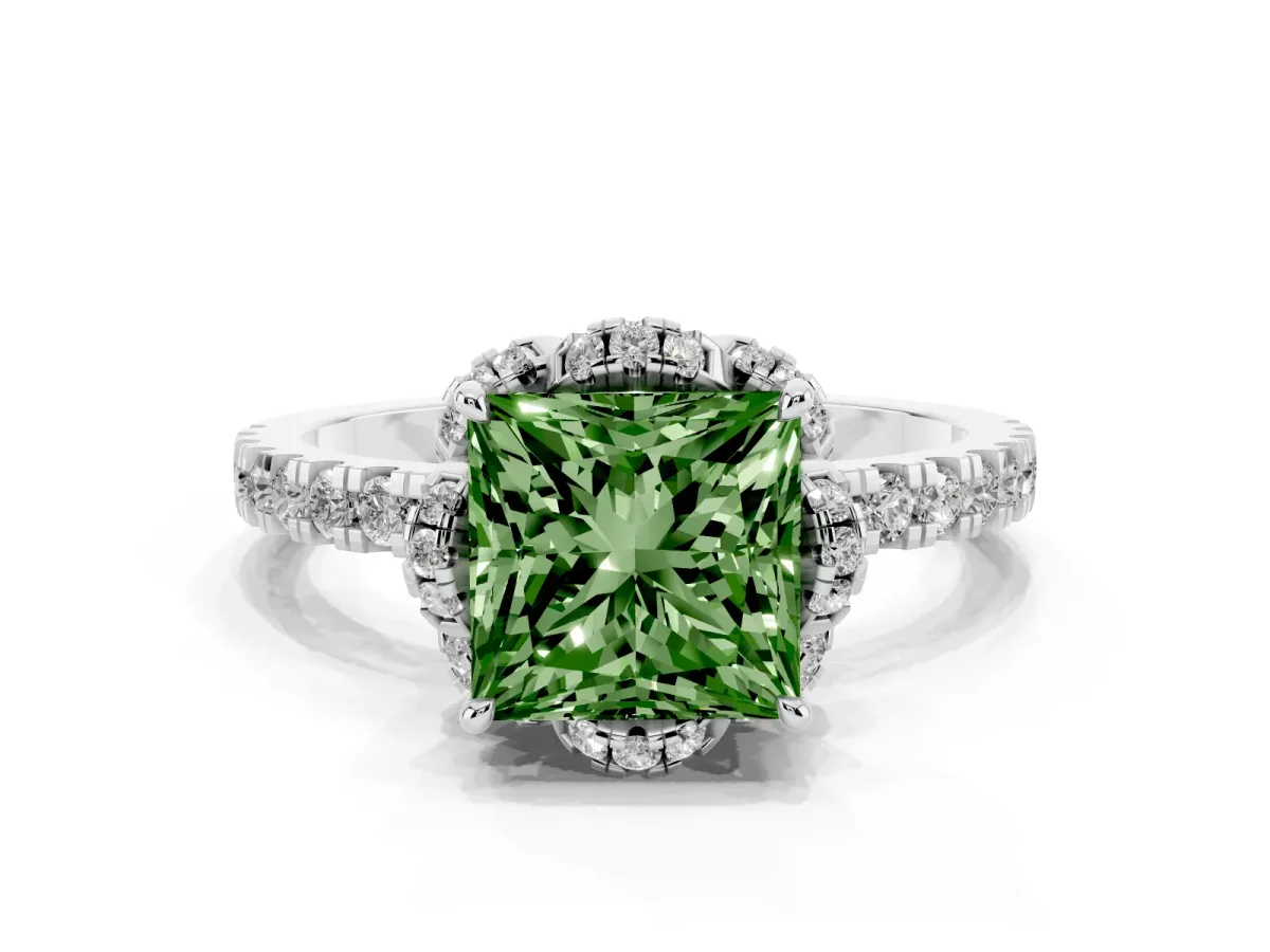 Fancy Green Princess Cut Halo Diamond Pave Band Ring with Four-Prong Setting Silver