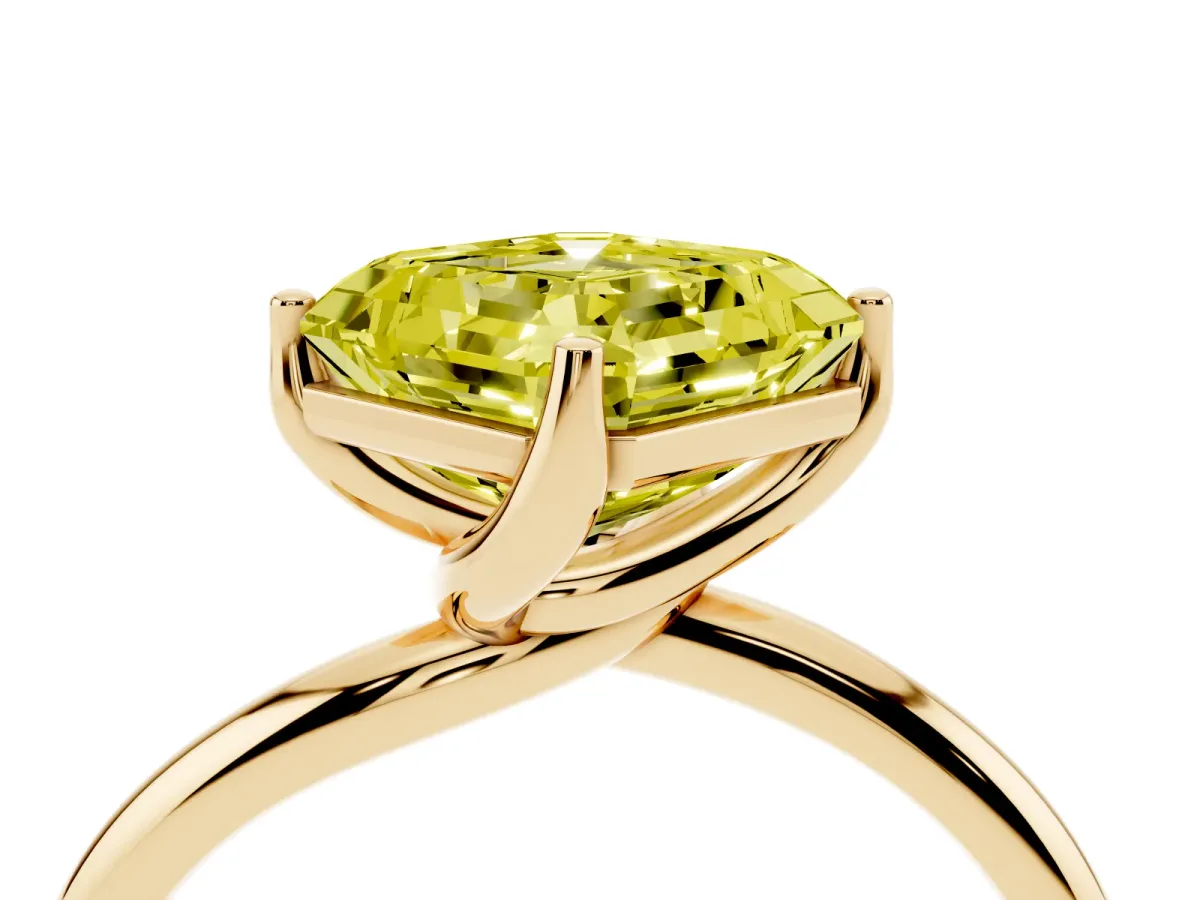 Fancy Yellow Asscher Cut Diamond Solitaire Engagement Ring with Four-Prong Setting and Classic Band Yellow gold