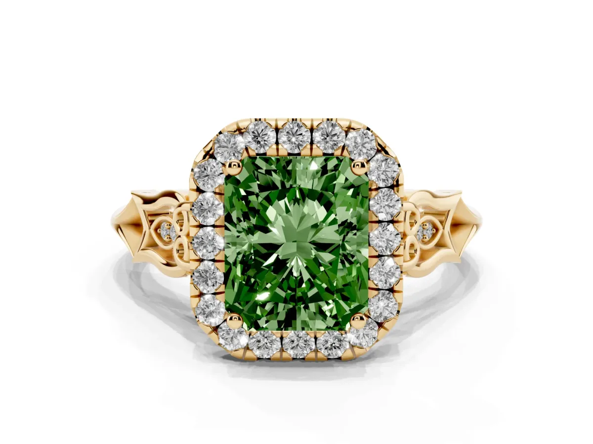 Fancy Green Radiant Cut Halo Diamond Engagement Ring with Filigree Band and Four-Prong Setting Yellow gold