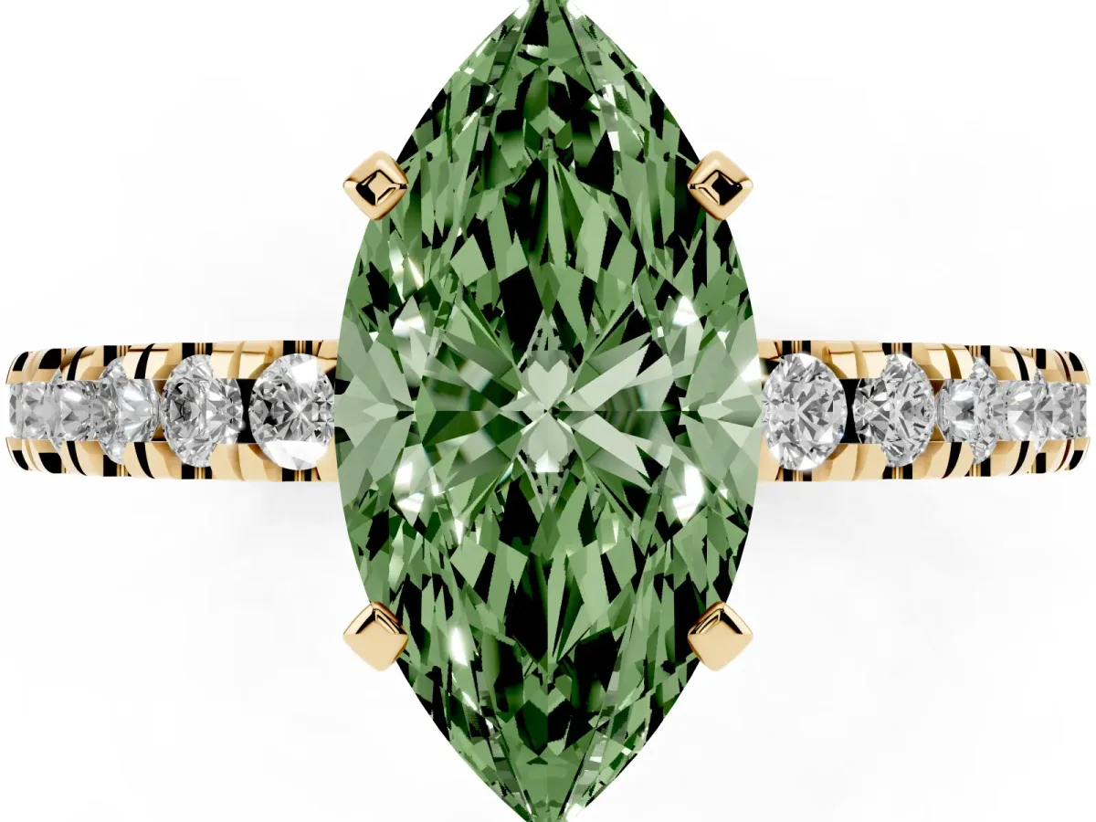 Fancy Green Marquise Cut Solitaire Diamond with Pavé Band and Four-Prong Setting Yellow gold