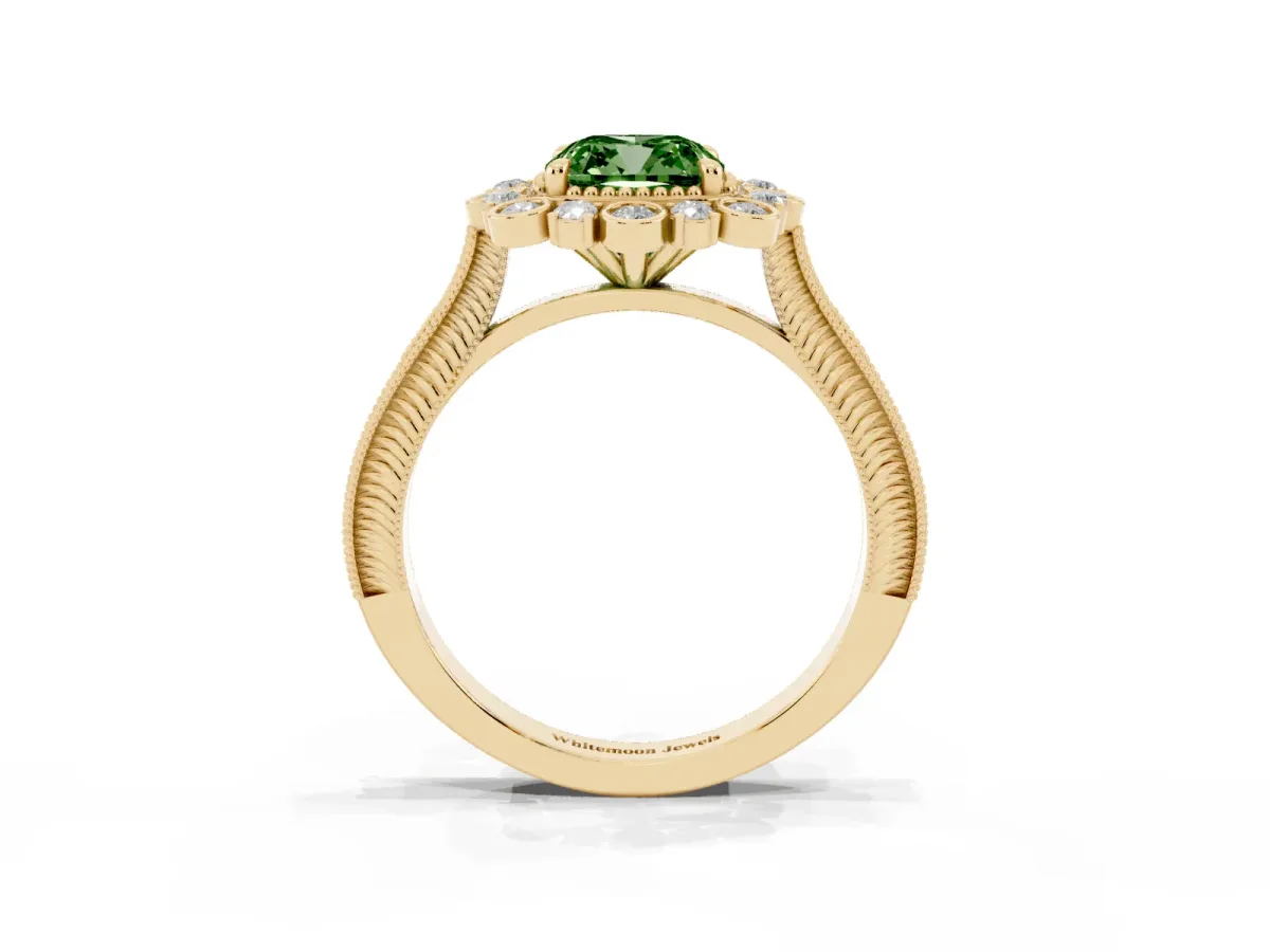 Fancy Green Cushion Cut Halo Milgrain Pave Diamond Ring with Four-Prong Setting Yellow gold