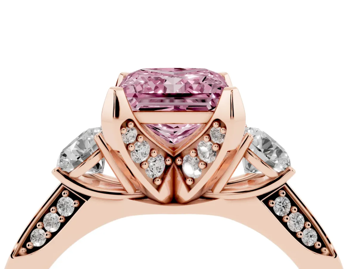 Fancy Pink Princess Cut Brilliant Three-Stone Diamond Ring with Pavé Band and Four-Prong Setting Rose gold
