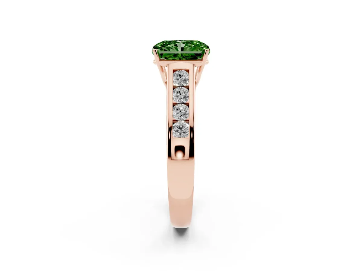 Fancy Green Radiant Cut Solitaire Channel-Set Diamond Engagement Ring with Four-Prong Setting Rose gold
