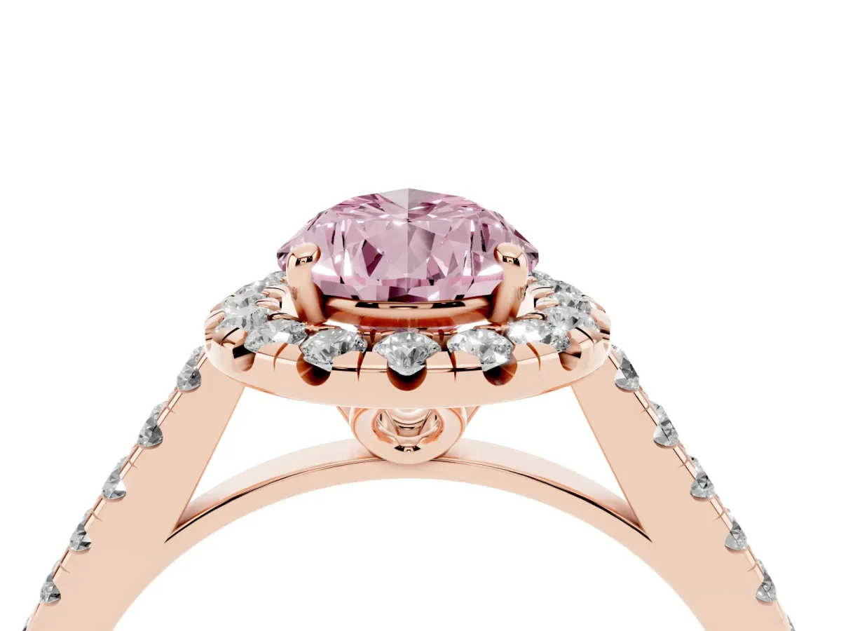 Fancy Pink Pear Cut Halo Pavé Diamond Engagement Ring with Four-Prong Setting Rose gold