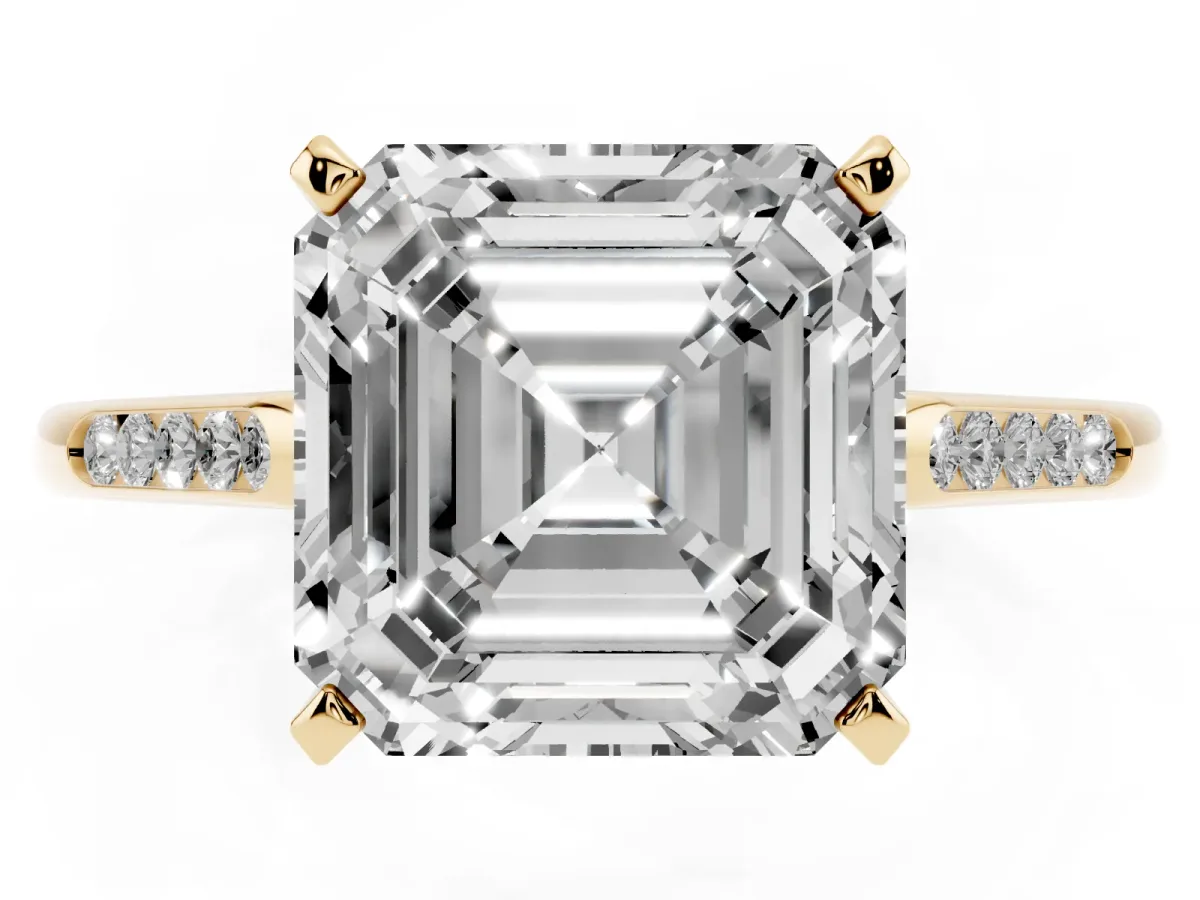 Asscher Cut Diamond Solitaire Ring with Channel Set Round Band and Prong Setting Yellow gold