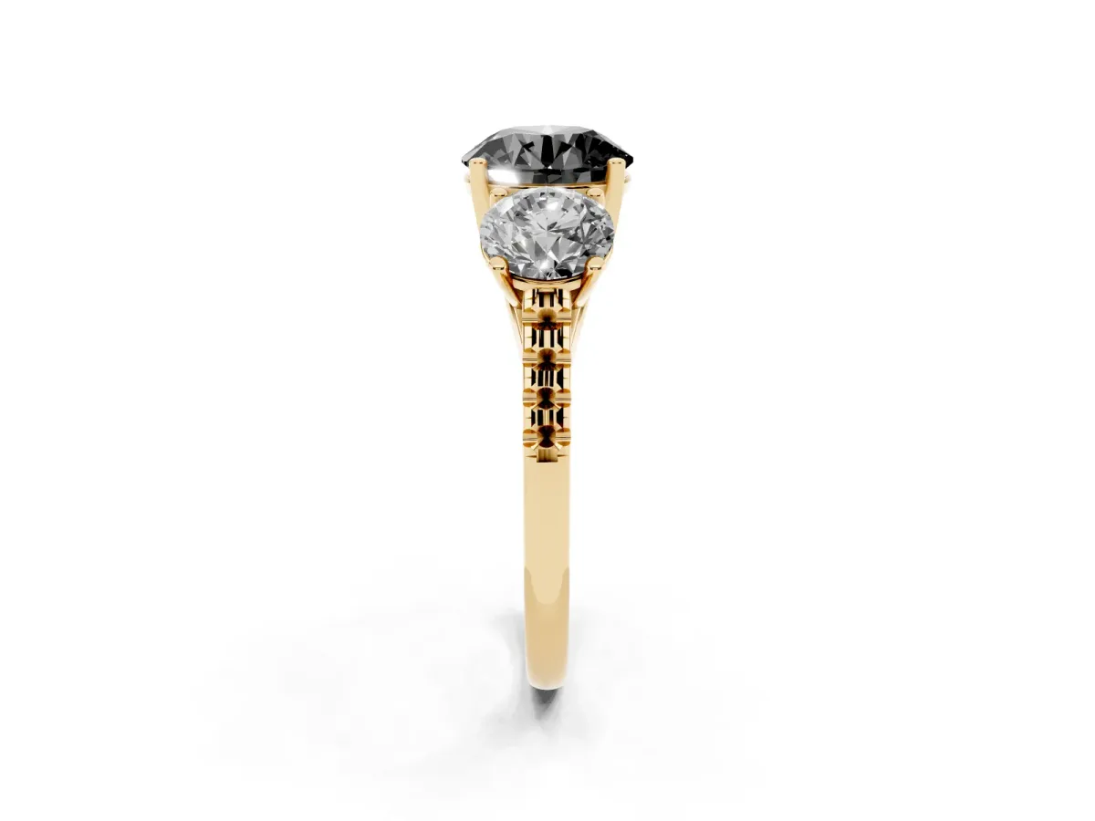 Fancy Black Three-Stone Round Cut Diamond Ring with Round Pavé Band and Prong Setting Yellow gold