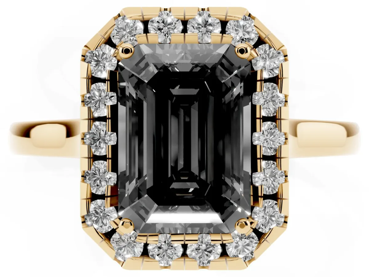 Fancy Black Emerald Cut Halo Round Diamond Solitaire Ring with Pavé Band and Four-Prong Setting Yellow gold