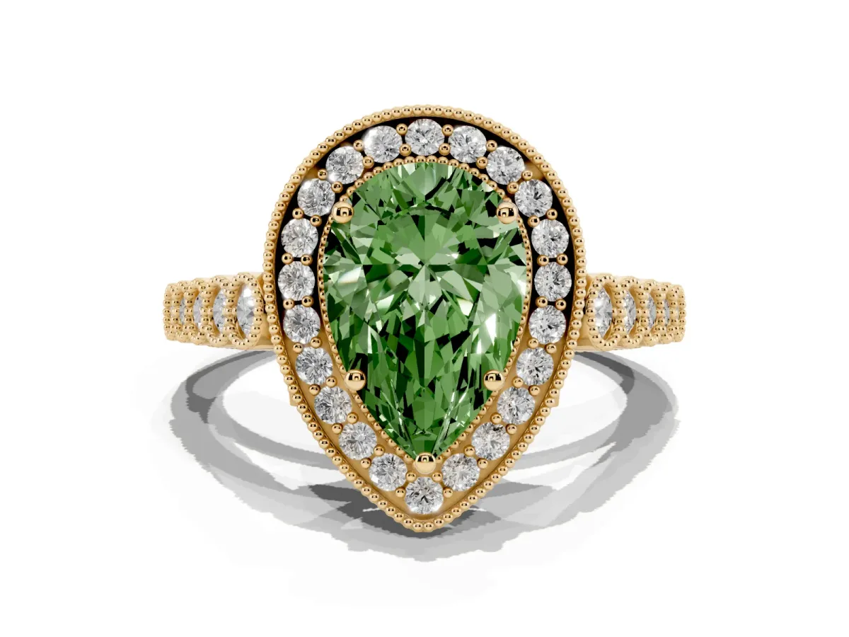 Fancy Green Pear Cut Halo Milgrain Solitaire with Bezel Set Side Stones and Pave Band Yellow gold
