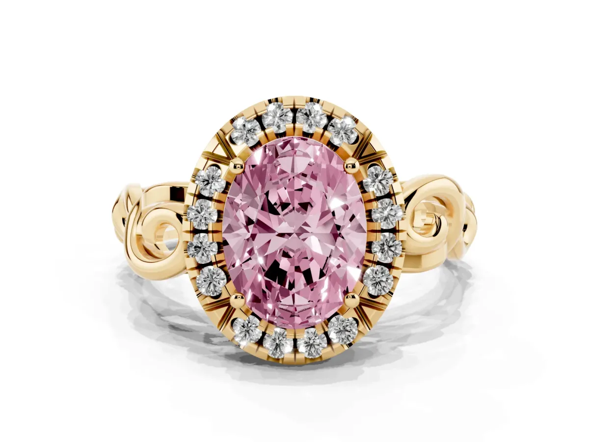 Fancy Pink Oval Cut Cut Halo Diamond Ring with Scrollwork Band and Four-Prong Setting Yellow gold
