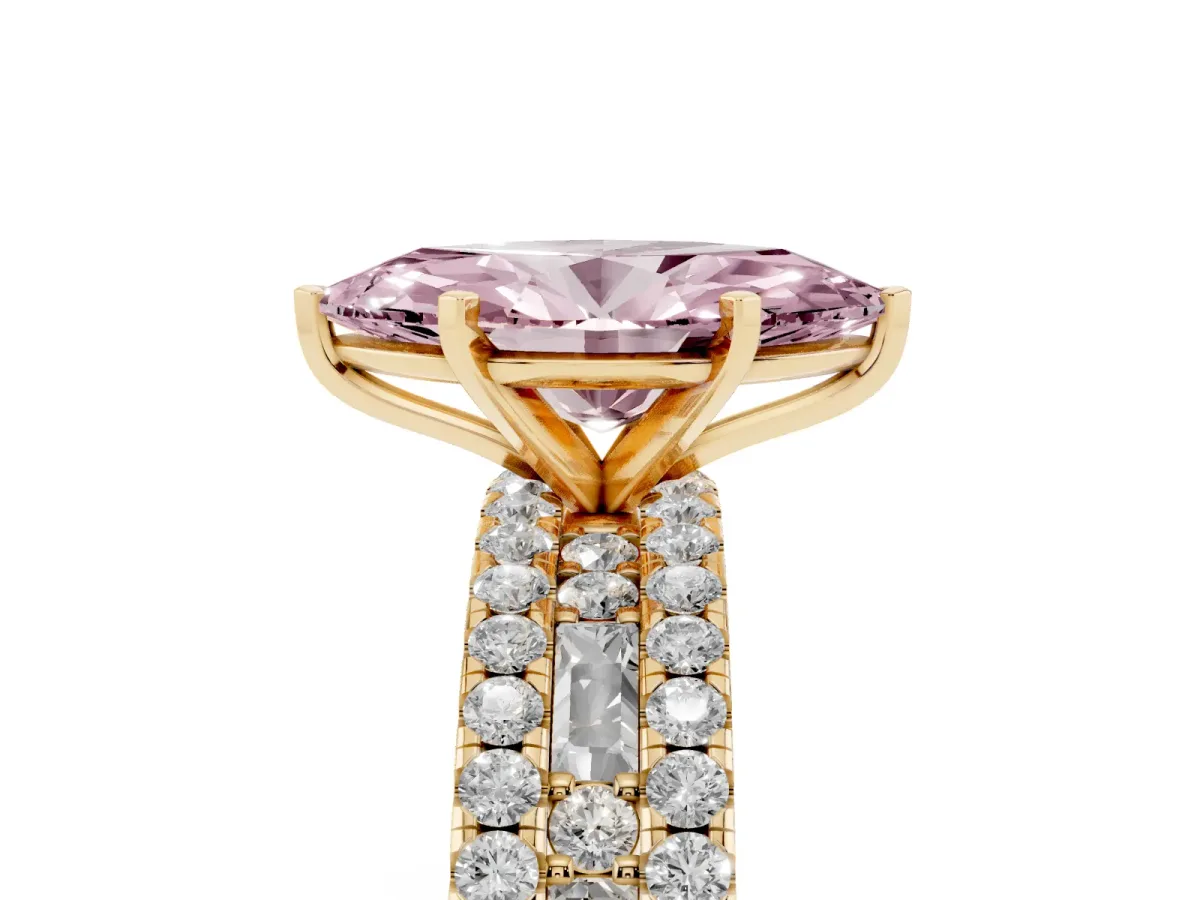 Fancy Pink Marquise Cut Diamond Solitaire Ring with Pavé and Channel Set Band Yellow gold