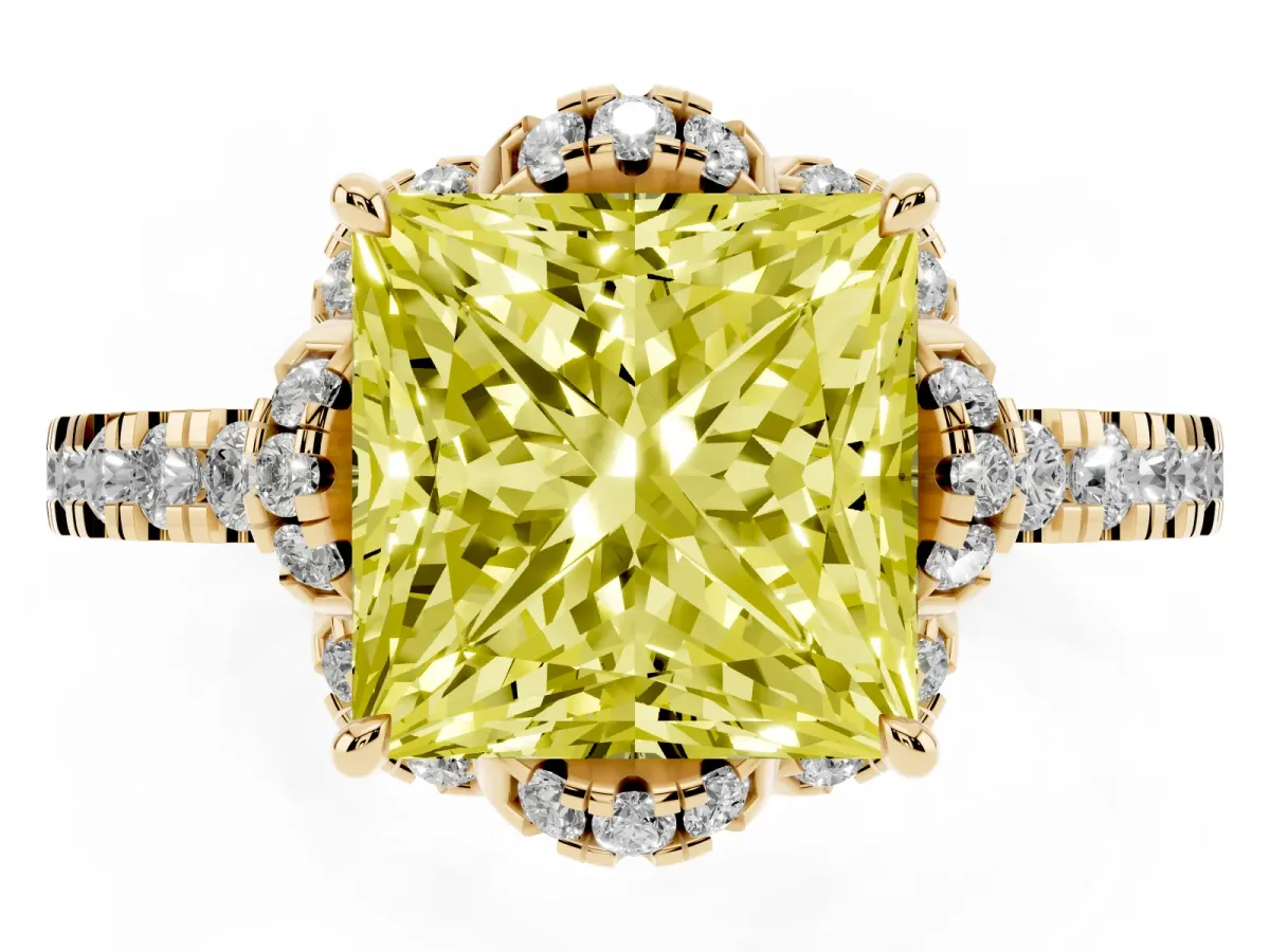 Fancy Yellow Princess Cut Halo Diamond Pave Band Ring with Four-Prong Setting Yellow gold