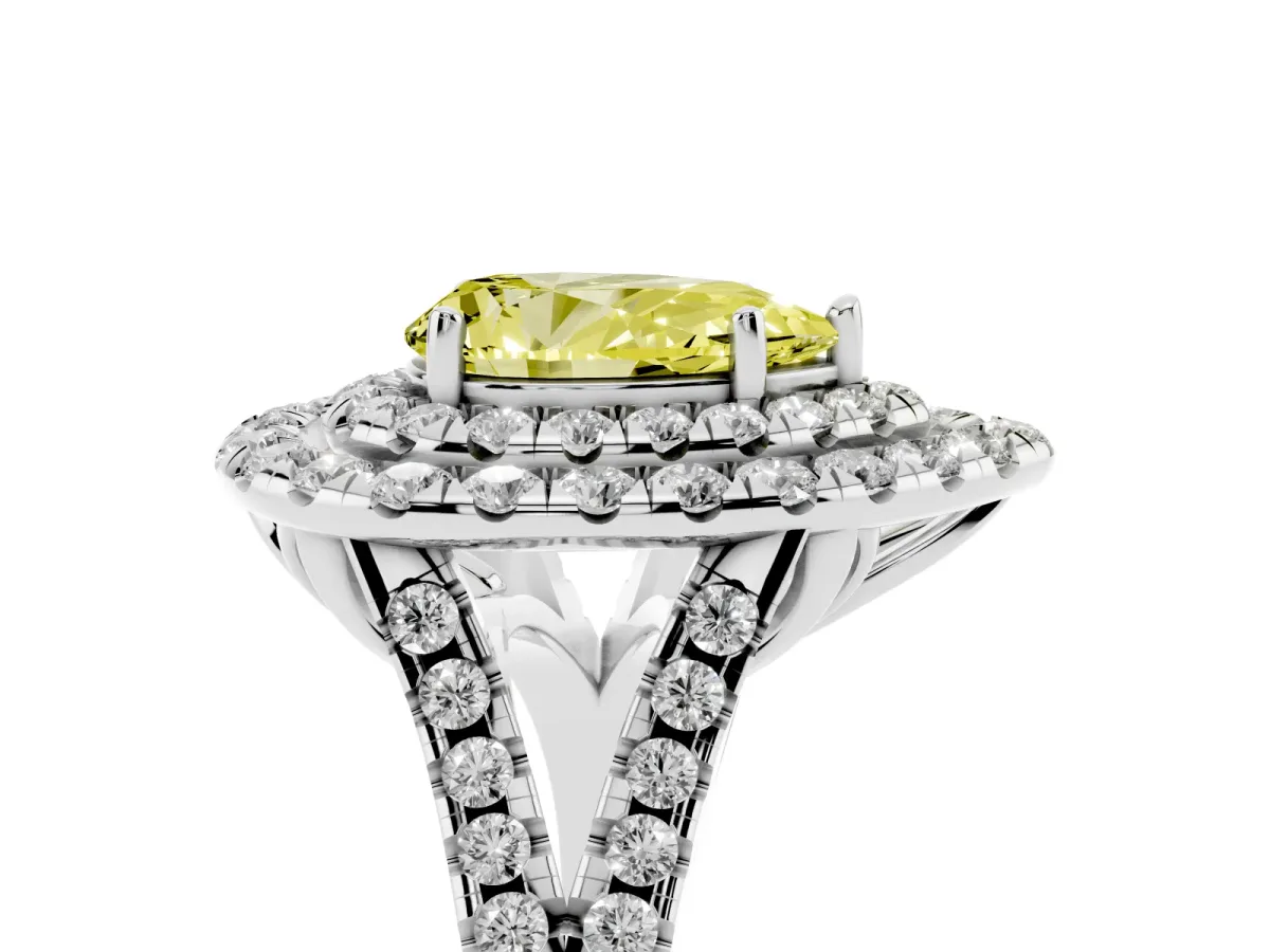 Fancy Yellow Double Halo Pear Cut Diamond Pavé Split Shank Ring with Prong Setting White gold