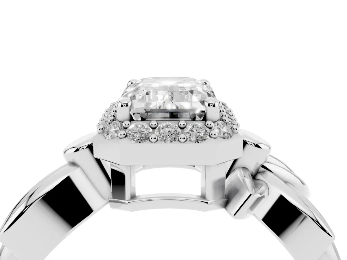 Emerald Cut Halo Diamond Floral Band with Four-Prong Setting Platinum