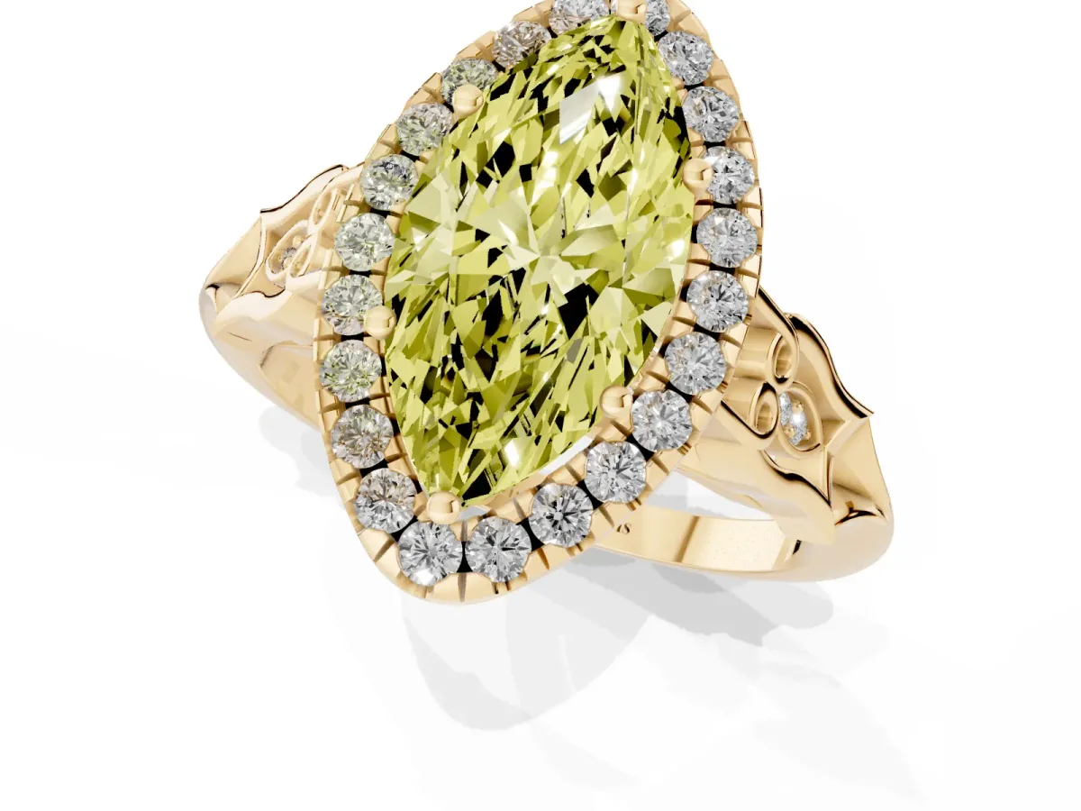 Fancy Yellow Marquise Cut Halo Diamond Engagement Ring with Filigree Band and Four-Prong Setting Yellow gold