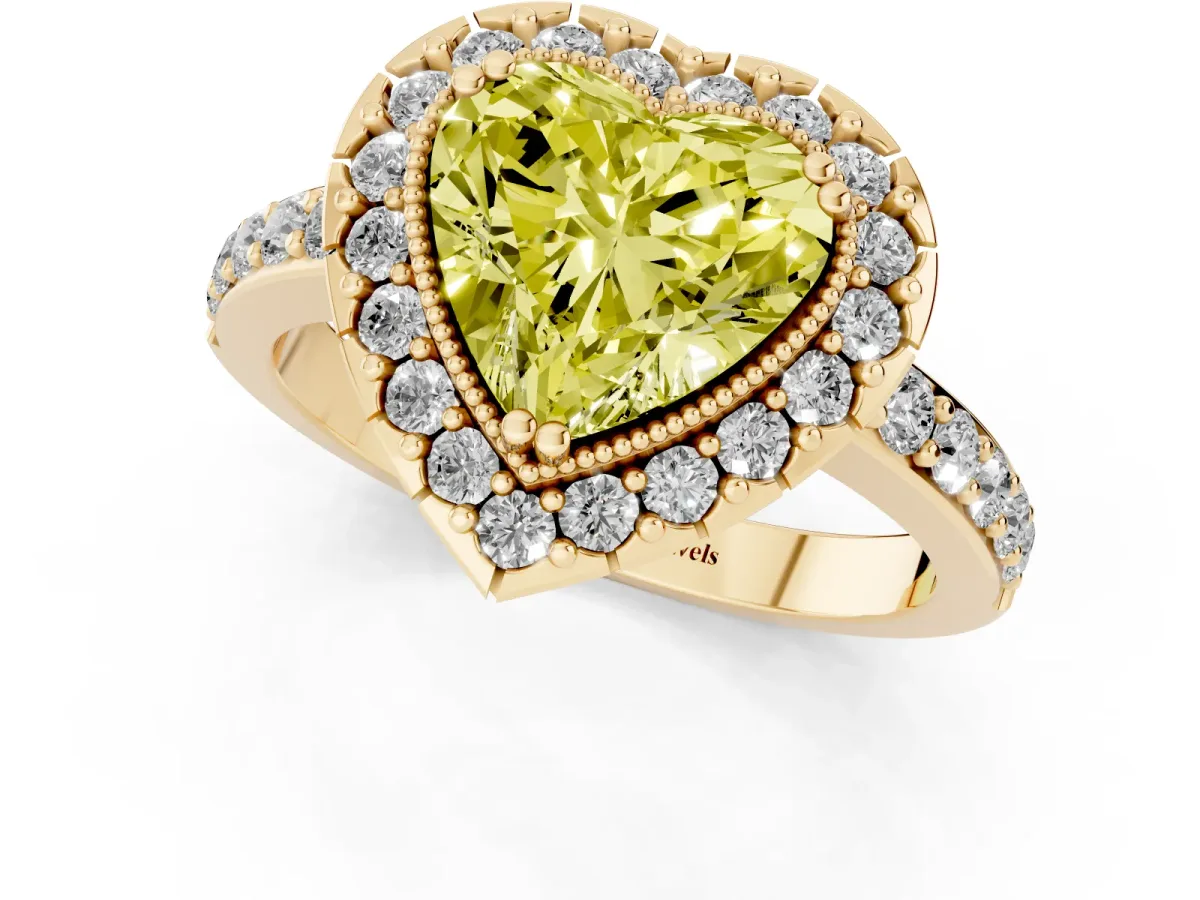 Fancy Yellow Heart Cut Diamond Halo Ring with Pavé Band and Prong Setting Yellow gold