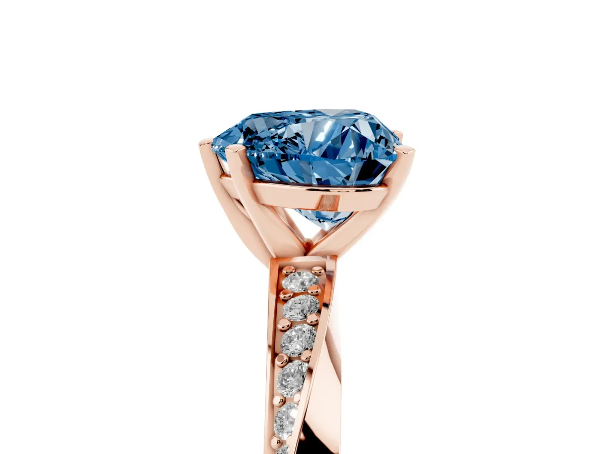 Fancy Blue Heart Cut Diamond Engagement Ring with Side Stone Accents and Four-Prong Setting Rose gold