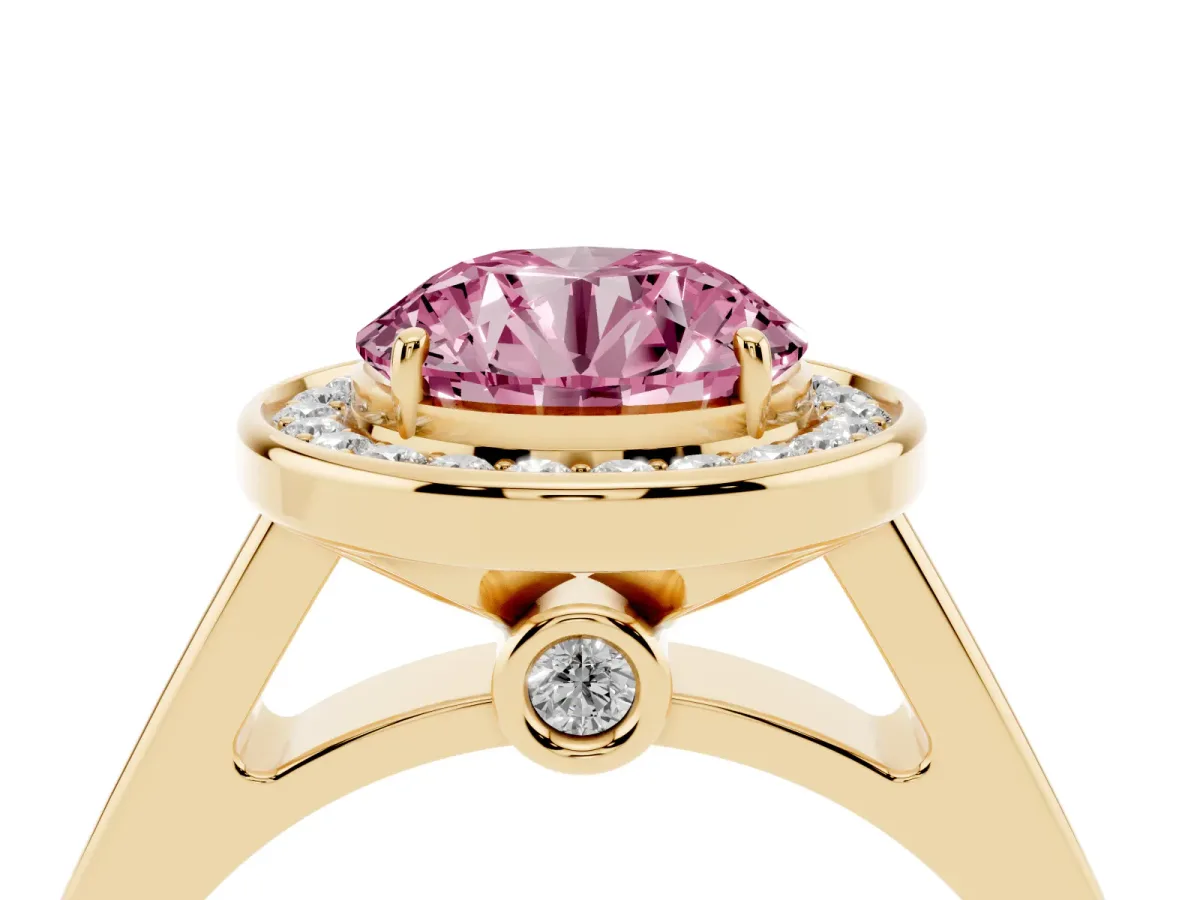 Fancy Pink Round Cut Halo Solitaire Diamond Ring with Pave Band and Bezel Setting Yellow gold