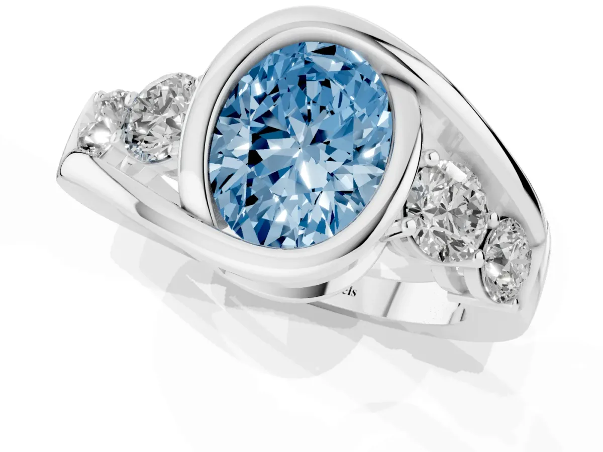 Fancy Blue Bezel Set Oval Cut Diamond Bypass Ring with Round Accents Platinum
