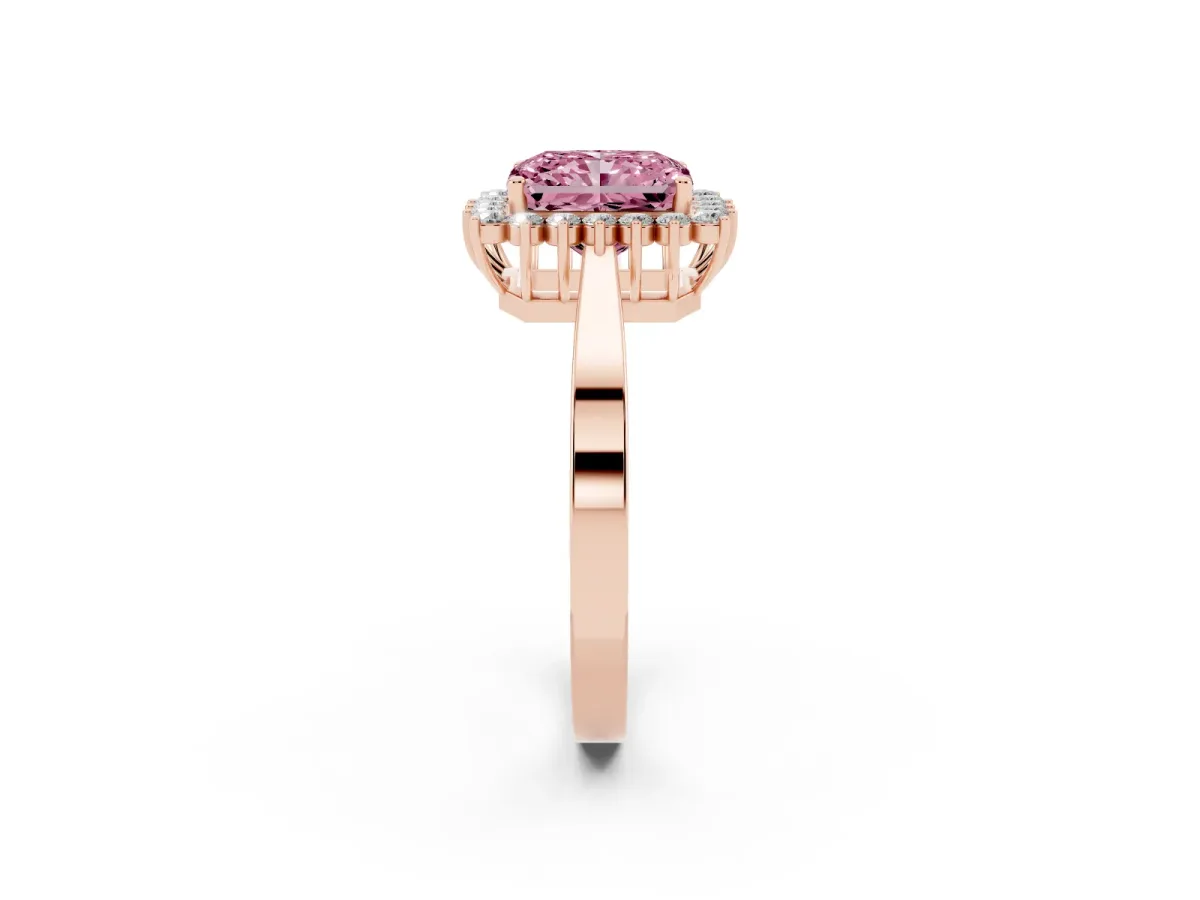 Fancy Pink Radiant Cut Cut Diamond Halo Ring with Round Brilliant Halo and Solitaire Band Rose gold