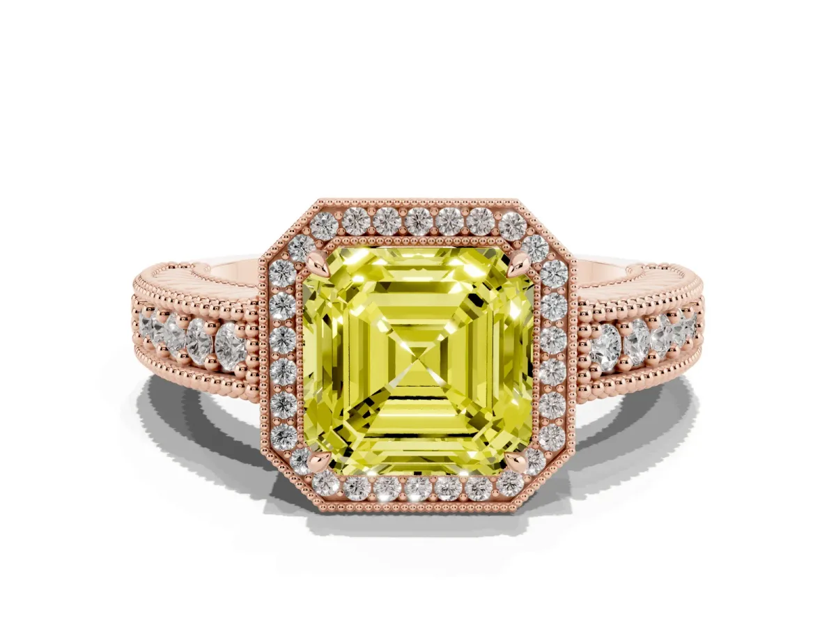 Fancy Yellow Asscher Cut Cut Halo Diamond Ring with Pavé Band and Four-Prong Setting Rose gold