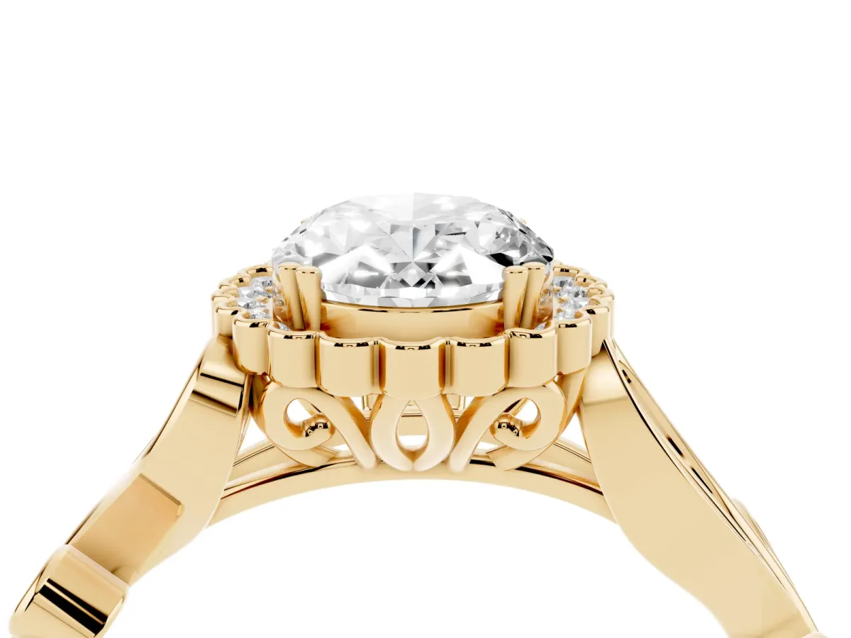 Oval Cut Diamond Halo Ring with Vintage Split Shank and Four-Prong Setting Yellow gold