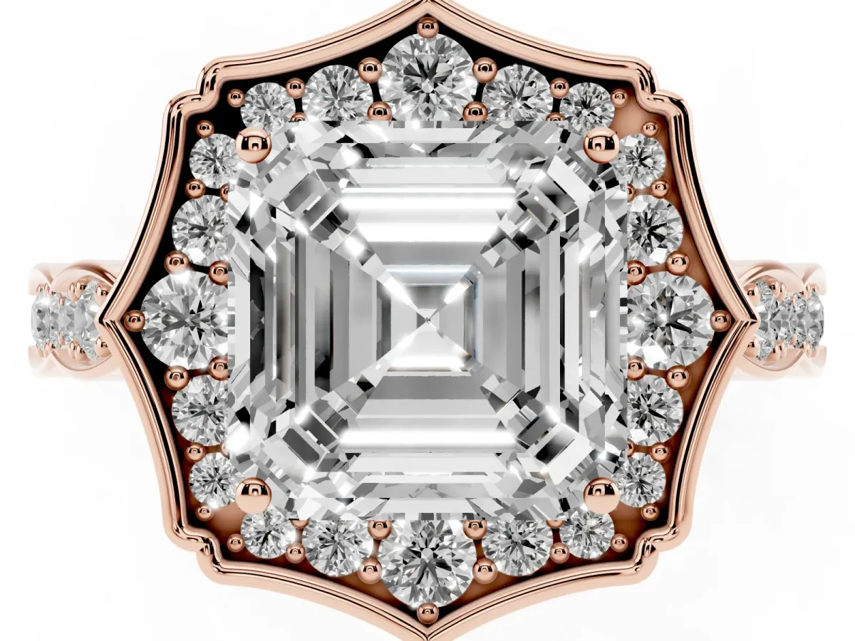 Asscher Cut Halo Diamond Engagement Ring with Milgrain Band and Four-Prong Setting Rose gold