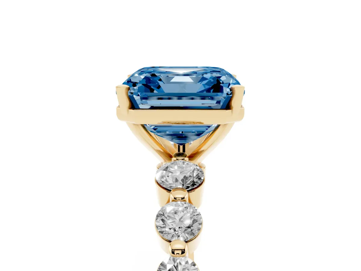 Fancy Blue Asscher Cut Solitaire Diamond Ring with Pave Band and Four-Prong Setting Yellow gold