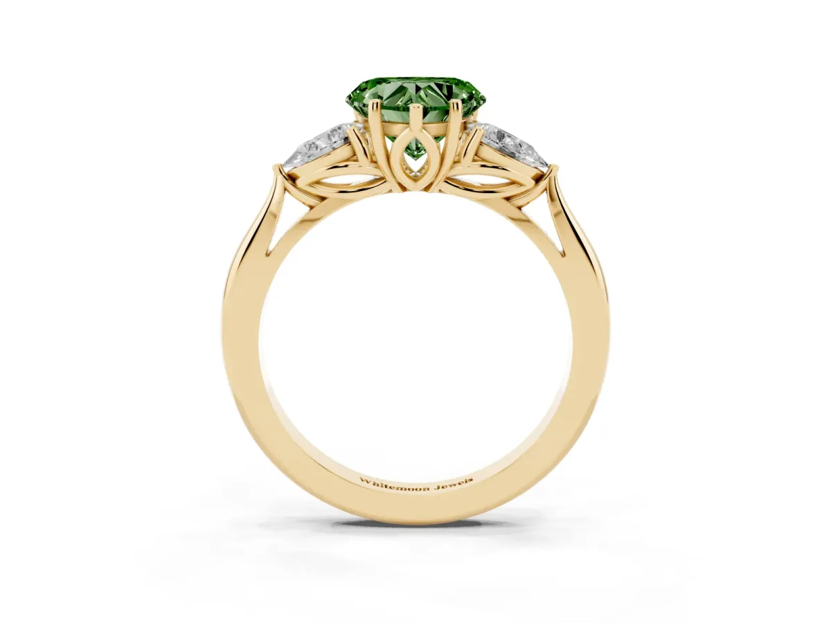 Fancy Green Three-Stone Heart Cut Brilliant Diamond Solitaire Ring with Tapered Band and Four-Prong Setting Yellow gold