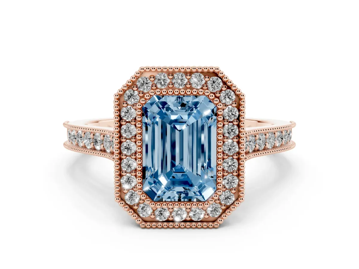 Fancy Blue Halo Emerald Cut-Cut Diamond Pave Band Milgrain Prong Setting Ring Rose gold