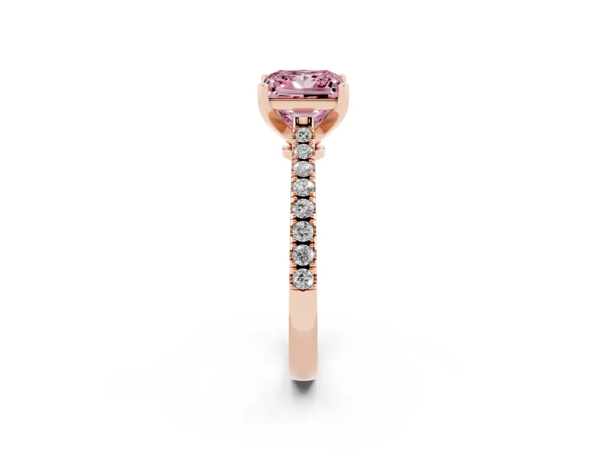 Fancy Pink Princess Cut Cut Solitaire Diamond Engagement Ring with Pave Band and Four-Prong Setting Rose gold