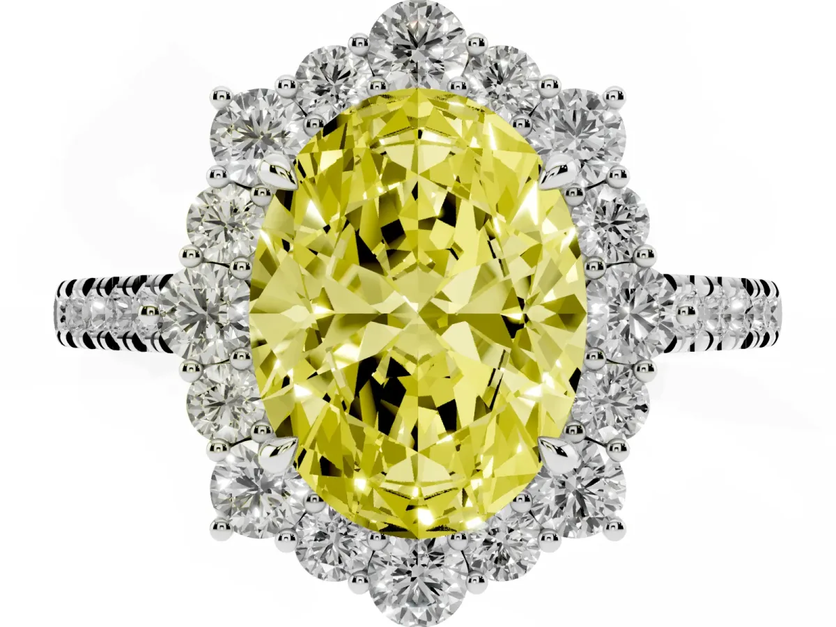 Fancy Yellow Oval Cut Halo Diamond Ring with Pavé Band and Prong Setting Silver