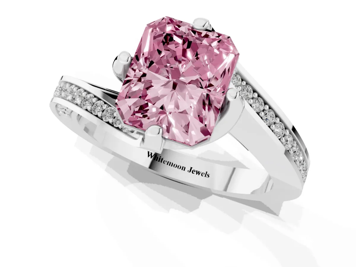 Fancy Pink Radiant Cut Solitaire Diamond Twist Band with Pavé Setting and Four-Prong Setting Silver