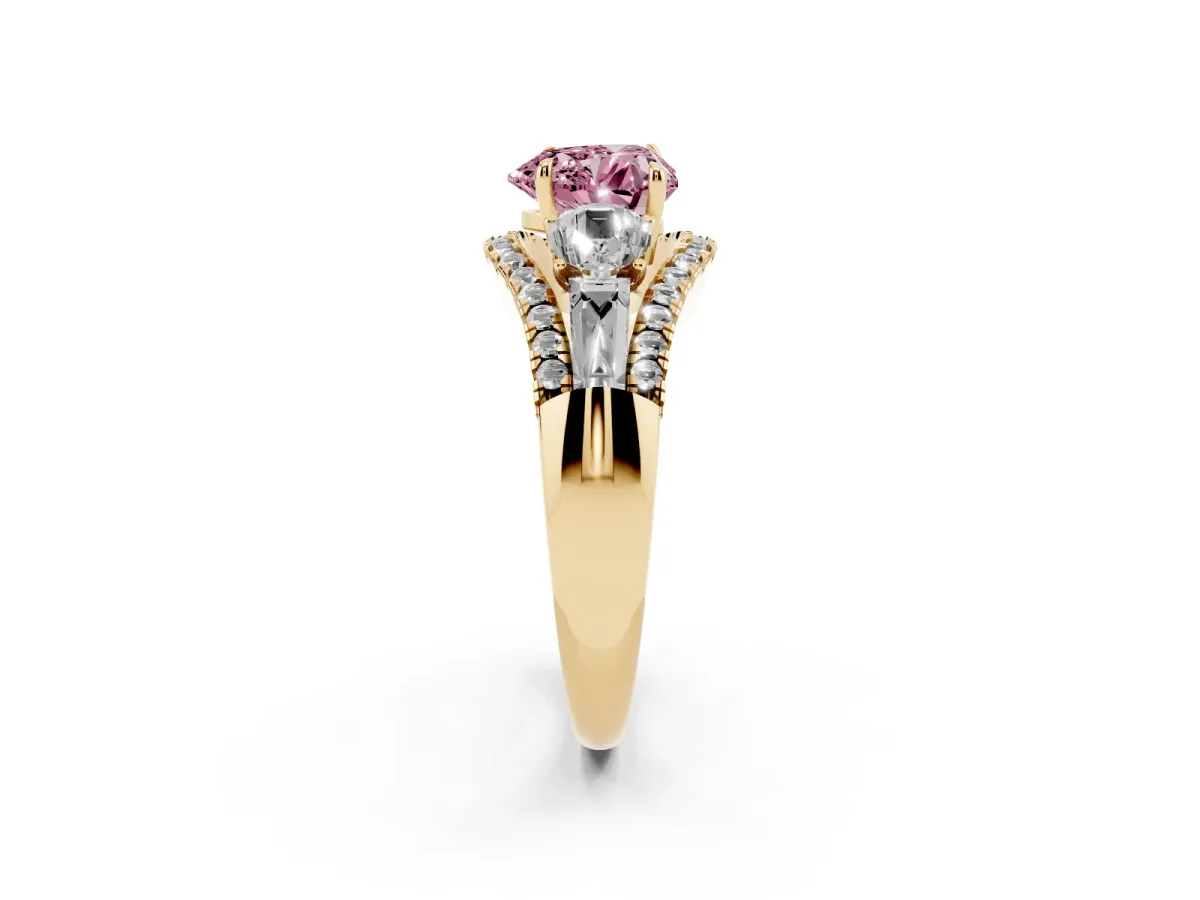 Fancy Pink Three-Stone Heart Cut Diamond Engagement Ring with Pave Band and Prong Setting Yellow gold
