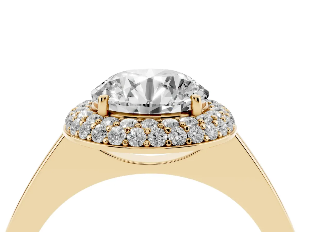 Round Cut Halo Diamond Engagement Ring with Solitaire Band and Four-Prong Setting Yellow gold